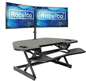 Rocelco 46" Height Adjustable Corner Standing Desk Converter with Dual Monitor Arm Bundle - Quick Sit Stand Up Computer Workstation Riser - Extra Large Keyboard Tray - Black (R CADRB-46-DM2)