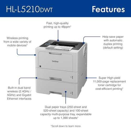 Brother HL-L5210DWT Monochrome Laser Printer with Dual Trays, Wireless Networking, Duplex Printing