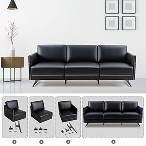 LUCKYERMORE Guest Reception Chairs 3 Seater Black Faux Leather Sectional Sofa