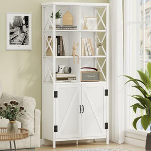 FATORRI Metal and Wood Bookcase with Doors, Tall Cubby Organizer Shelf (White Oak)