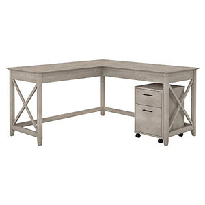 Bush Furniture Key West 60W L Shaped Desk with Mobile File Cabinet in Washed Gray