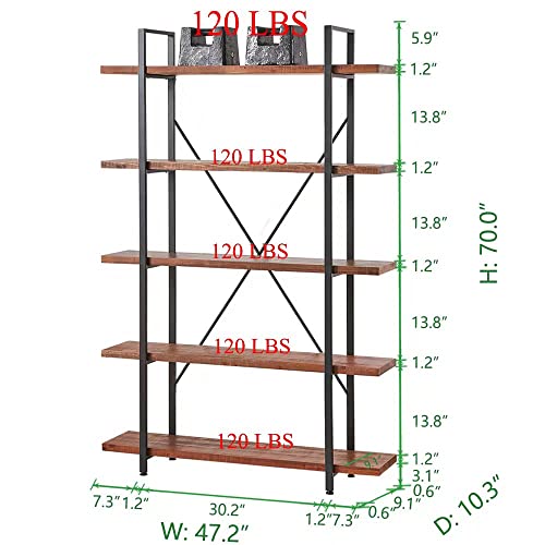 HSH Industrial Rustic 5 Tier Wood Bookcase, Distressed Brown