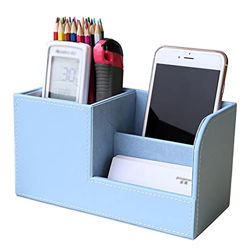 ZLYPSW Blue Wooden Pu Leather Multi-Function Desk Stationery Organizer Storage Box Remote Control Holder (Color : Blue, Size : 20.3 * 9.3 * 11 cm)