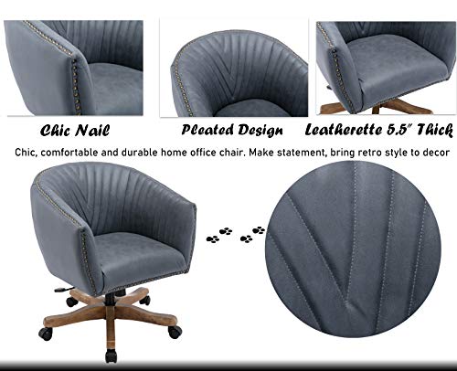 Chairus Retro Faux Leather Swivel Barrel Arm Chair with Luxury Nailheads, Mid Century Modern Upholstered Home Office Desk Accent Chair with Wood Base Mid-Back, Dark Grey