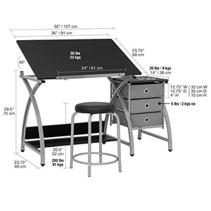 2 Piece Comet Art, Hobby, Drawing, Drafting, Craft Table with 36"W x 23.75"D Angle Adjustable Top and Stool in Silver/Black, Assembled Dimensions: 50" W x x 29.5" H