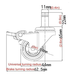 IkiCk Swivel Caster Wheels with Brake 50mm/2in - TPE Rubber - Standard Stem 11x22mm