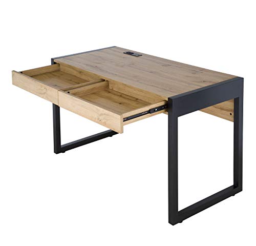 M MAJOR-Q 99400-3179JET Tone 52" W Computer Desk with Two Drawers, Power Outlet, USB Ports-Sturdy Wooden Study, Home Office Writing Laptop Table Beige Oak and Black Finish