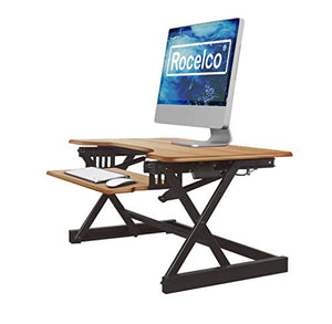 Rocelco Height Adjustable Standing Desk Converter Bundle with Anti Fatigue Mat - Teak Wood Grain