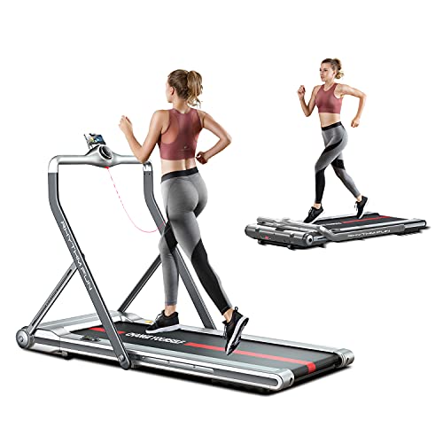 RHYTHM FUN Treadmill Folding Treadmill Under Desk Walking Treadmill with Foldable Handtrail Wide Tread Belt Super Slim Mini Quiet Home Treadmill with Smart Remote Control and Workout App (Silver)