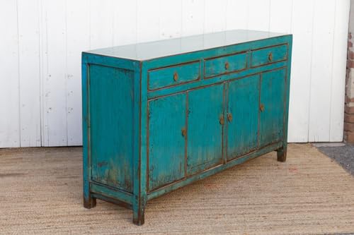 Lschool Antique Painted Sapphire Credenza - Distressed Aqua Blue Sideboard
