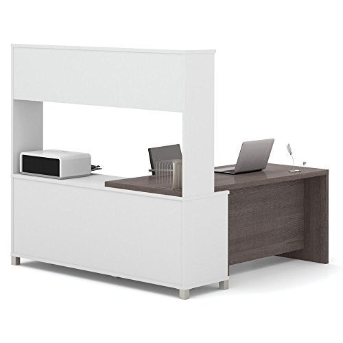 Bestar Pro-Linea L-Desk with Hutch, White/Bark Grey