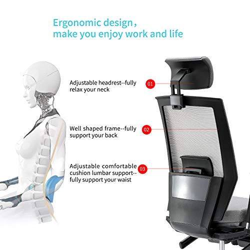 AMILZ Ergonomic Office Chair, Adjustable Chair with Lumbar Support, High Back Breathable Mesh, Thick Cushion Seat, Adjustable Headrest, Armrests and Seat, Footrest with Soft Cushion