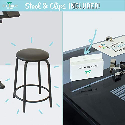 KOUBE Drafting Table Desk, Drafting Table for Artists with Drawers and Stool Glass Top Adjustable Height Angle Tabletop Tilted Art Craft Work Station for Home Office Working