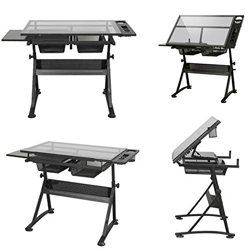 XIONGGG Multifunctional Glass Drafting Table Height Adjustable Drawing Desk W/ 2 Storage Drawer, Tiltable Desk Art Table