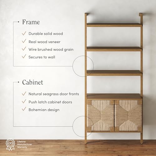 Nathan James Beacon 3-Shelf Solid Wood Bookshelf with Storage Cabinet and Seagrass Door Fronts