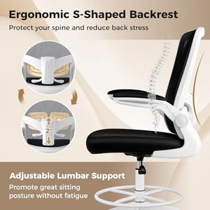 JIMUOO Drafting Chair with Flip Up Armrests, Mesh High Task Chair, Adjustable Foot Ring & Lumbar Support - White