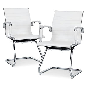 MoNiBloom PU Leather Office Guest Chair, Mid Back, Sled Base, Armrest, White, 2 Piece