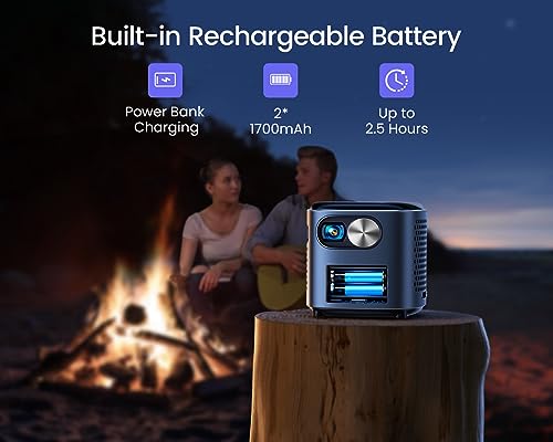 WiMiUS Mini Projector with Android TV, DLP, Rechargeable Battery, WiFi, Bluetooth, 360°Speaker, 1080P Support