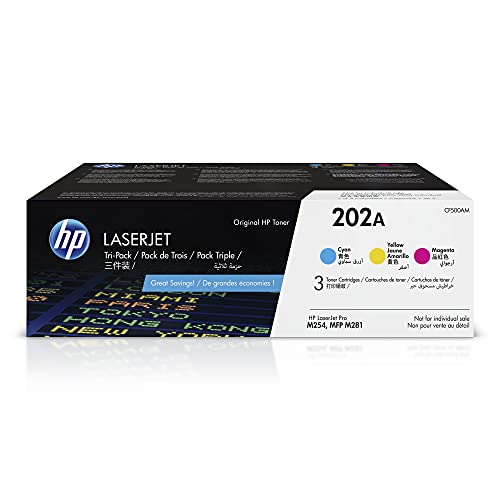 HP 202A | CF501A, CF502A, CF503A | 3 Toner-Cartridges | Cyan, Magenta, Yellow | Works with HP LaserJet Pro M254, M281cdw, M281dw, M281fdw