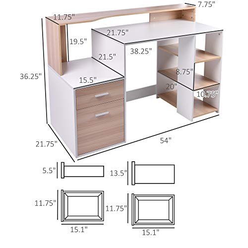 HOMCOM 54" Multi-Level Modern Design Home Office Desk with 3 Storage Shelves & 2 Pull-Out Drawers, Oak
