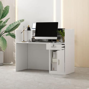 MOUMON Reception Desk with Moveable Shelves, Lockable Drawer, Black Tapes - White - 55.1”W x 23.6”D x 43.3”H