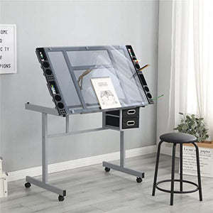 WEALTHGIRL Adjustable Glass Drafting Table for Artists, Tiltable Drawing Desk with Storage Drawers and Wheels