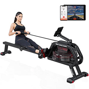 SNODE Water Rowing Machine with Bluetooth, Rowing Machine for Home Use with Free APP, Water Resistance Wood Rower Indoor Exercise Machine, Soft Seat, Smooth Quiet Home Fitness Workout
