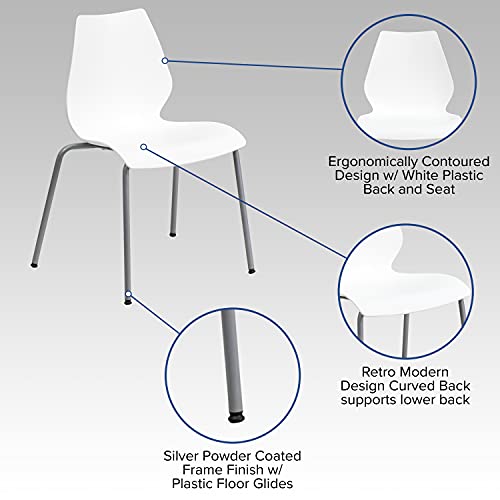 Flash Furniture Stack Chair 5 Pack - 770 lb. Capacity, White with Lumbar Support & Silver Frame