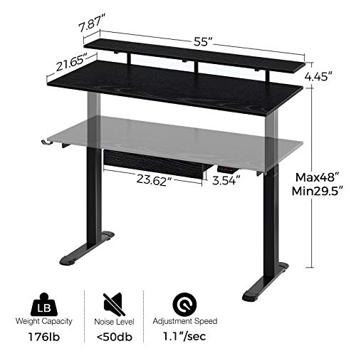 Rolanstar Adjustable Height Desk with Drawer 55" Dual Motor Standing Desk with USB Charging Ports, Stand Up Home Office Desk with Shelf, Double Headphone Hook, Black