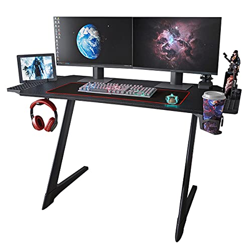 43 Inches Carbon Fiber PC Gaming Table Gaming Desk for Home Office with Cup Holder and Headphone Hook (Jet Black)