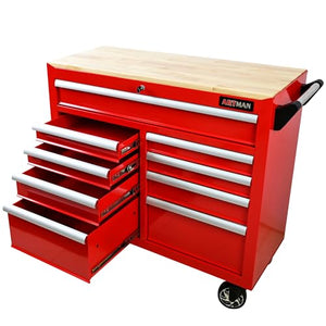 Sunhilda 9 Drawers Multifunctional Tool Cart with Wheels and Wooden Top (Red)