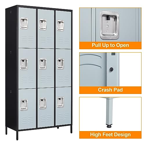Anxxsu 9-Door Metal Storage Locker with Hooks, 71" Cabinet for Employees, Home, Office, Gym - Black Grey