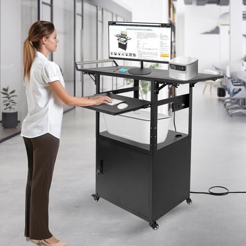 TooCust Large Steel AV Cart with Drop Leaves, Locking Cabinet, Height Adjustable, Pullout Keyboard Tray, Power Strip - Mobile Workstation for Office, Classroom & Warehouse