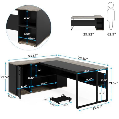 Tribesigns 71" Executive L-Shaped Desk with Cabinet Storage, Shelves - Gray