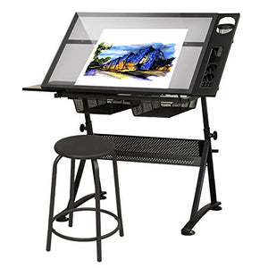 XIONGGG Multifunctional Glass Drafting Table Height Adjustable Drawing Desk W/ 2 Storage Drawer, Tiltable Desk Art Table