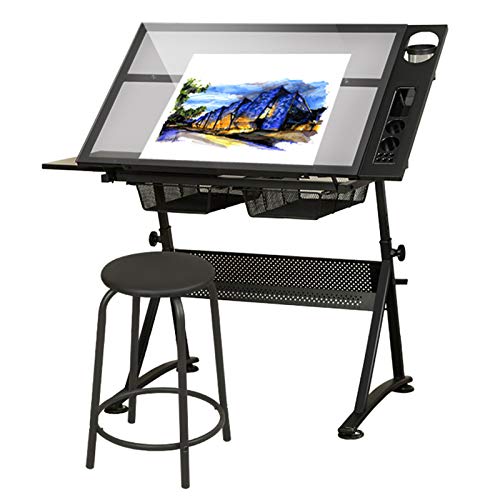 XIONGGG Multifunctional Glass Drafting Table Height Adjustable Drawing Desk W/ 2 Storage Drawer, Tiltable Desk Art Table