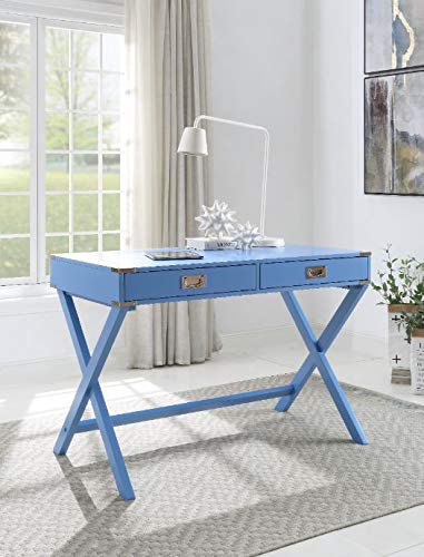 Knocbel 42in Computer Desk with Storage Drawers, Home Office Workstation Writing Table with X-Shaped Base, Metal Corners & Handles (Blue)