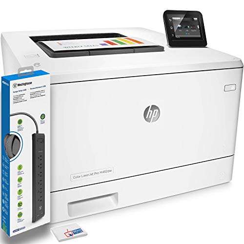 HP Color Laserjet Pro M452dw Laser Printer (CF394A) with Power Strip Surge Protector and Electronics Basket Microfiber Cleaning Cloth