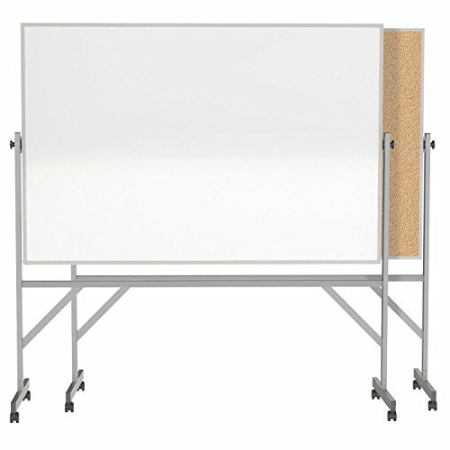 Ghent 4' x 6' Aluminum Frame Mobile Reversible Free Standing Melamine Markerboard / Natural Corkboard