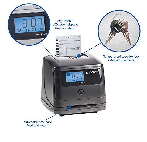 Pyramid 5000 Auto Totaling Time Clock, 100 Employees - Made in USA