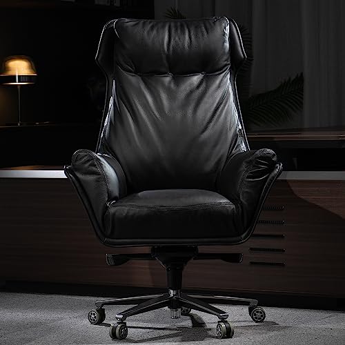 Kinnls Austin Executive Chair Black Genuine Leather Reclining High Back Desk Chair