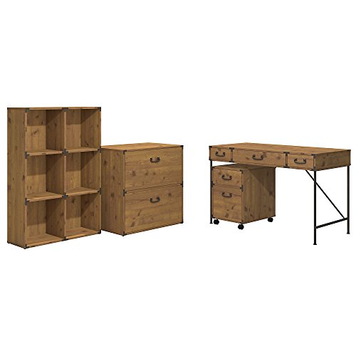 kathy ireland Home by Bush Furniture Ironworks 48W Writing Desk, 2 Drawer Mobile File Cabinet, 6 Cube Bookcase, and Lateral File Cabinet in Vintage Golden Pine