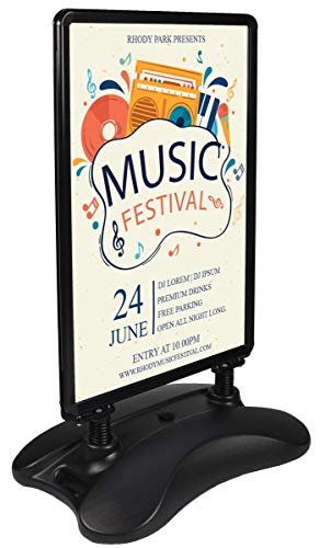 Sidewalk Poster Stand with Water-Fill Base Holds 24x36 Graphics, Double-Sided Sandwich Board for Outdoor Use, Front-Loading Snap-Open Poster Frame, Black
