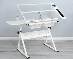 Lifeand Adjustable Tempered Glass Drafting Printing Table, Large, White