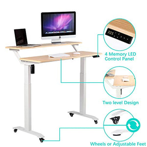 UNICOO - 2 Tier Electric Height Adjustable Standing Desk, Electric Standing Workstation Home Office Sit Stand Up Desk (Light Oak Top/White Legs - Electric- 2 Tier)