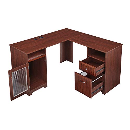 GOOD & GRACIOUS L-Shaped Desk Computer Corner Desk with Drawer Writing Studying PC Laptop Gaming Table Space-Saving for Workstation Home Office, Cherry