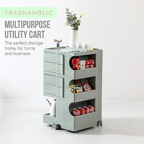 Trashaholic Multipurpose Utility Storage Cart - ABS Plastic Caddy with Wheels and Drawers - Professional Trolley Cart - Sage Green