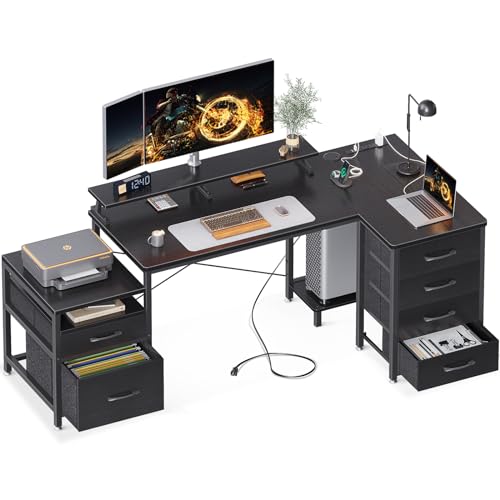 AODK L Shaped Computer Desk with File Drawers & Power Outlet, 72" Corner Desk - Black