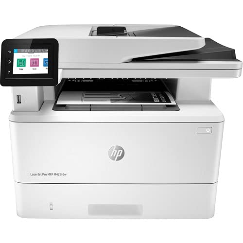 Hewlett Packard Laserjet Pro MFP M428fdw Wireless Monochrome All-in-One Printer, Copier, Scanner, Fax, W1A30A#BGJ with Power Strip Surge Protector + Electronics Basket TM Microfiber Cleaning Cloth