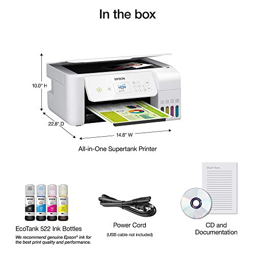 Epson EcoTank ET Series Wireless Color All-in-One Supertank Inkjet Printer/Print Scan Copy/White